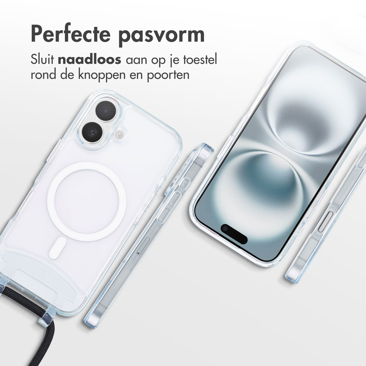 Une coque de téléphone transparente et un téléphone avec un cordon noir. La coque transparente a un cercle blanc à l'arrière.