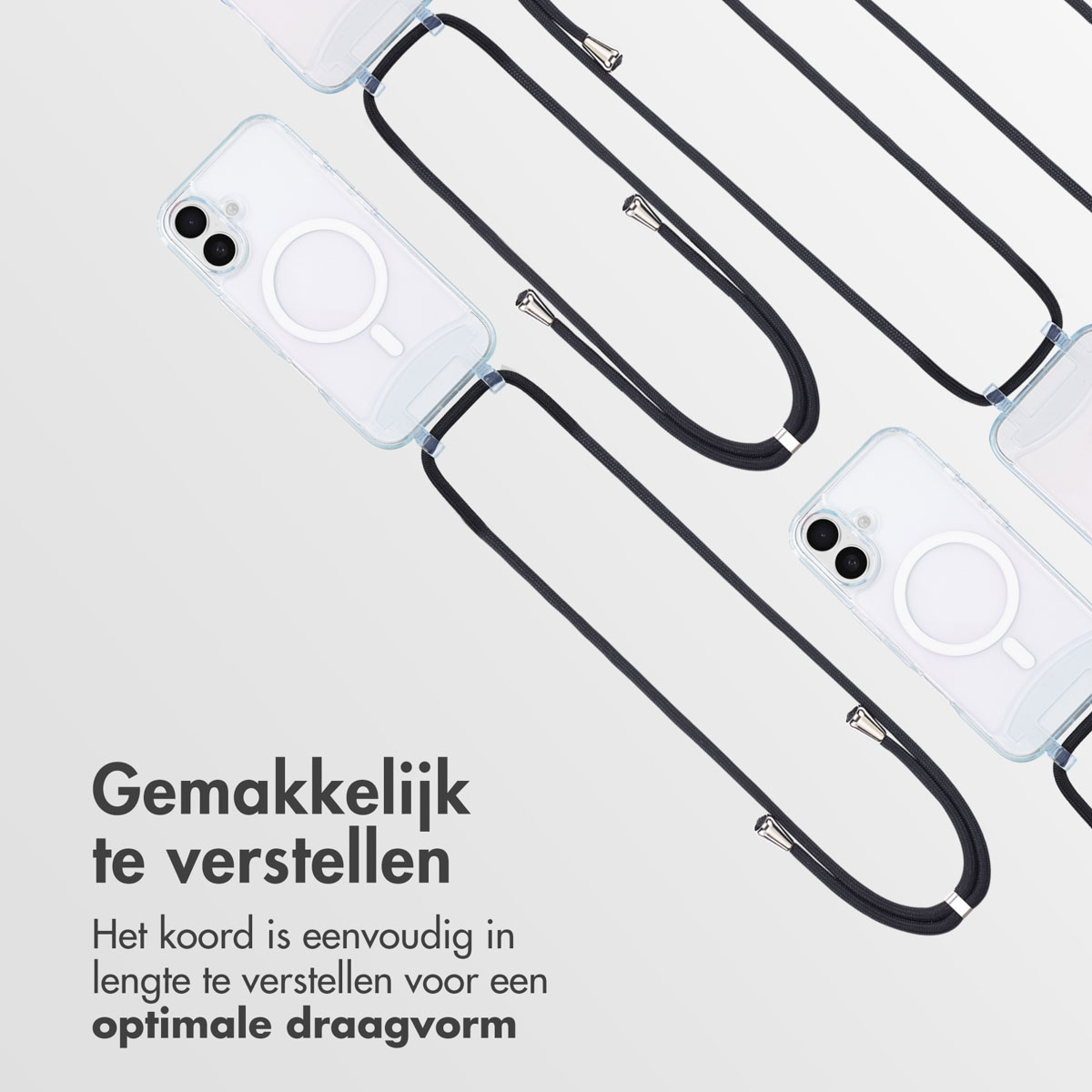 Plusieurs téléphones avec des cordons. Les cordons sont noirs et les téléphones sont dans des coques transparentes avec un cercle blanc.