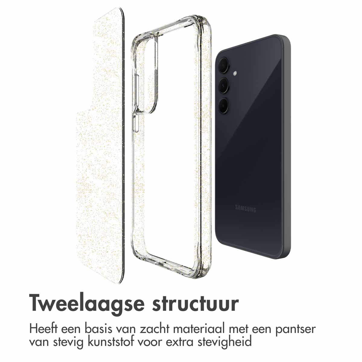 Telefoononderdelen: doorzichtige case, telefoon en een laag, met tekst over een tweelaagse structuur.
