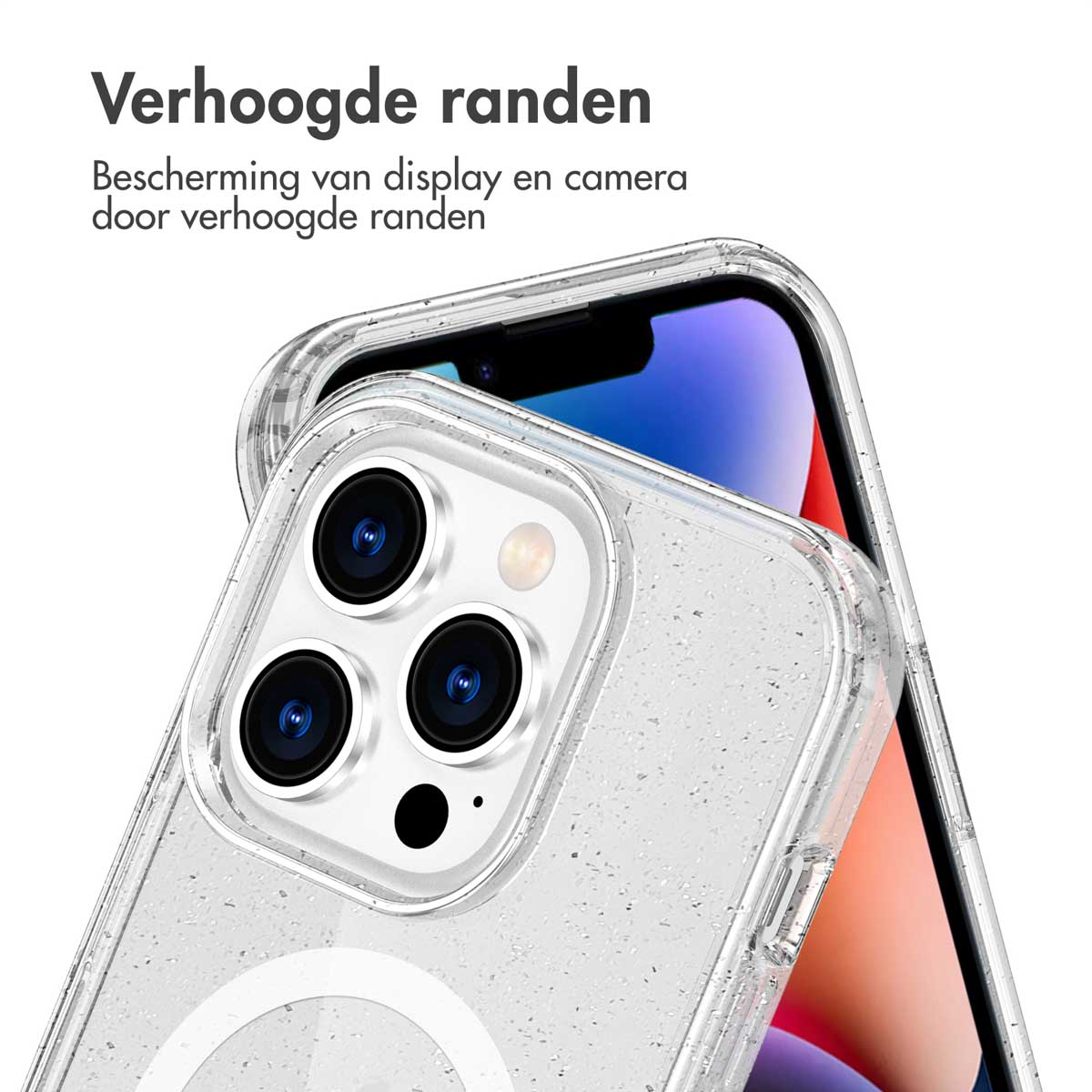 Transparante telefoonhoes met een telefoon erin, toont de camera en de rand.