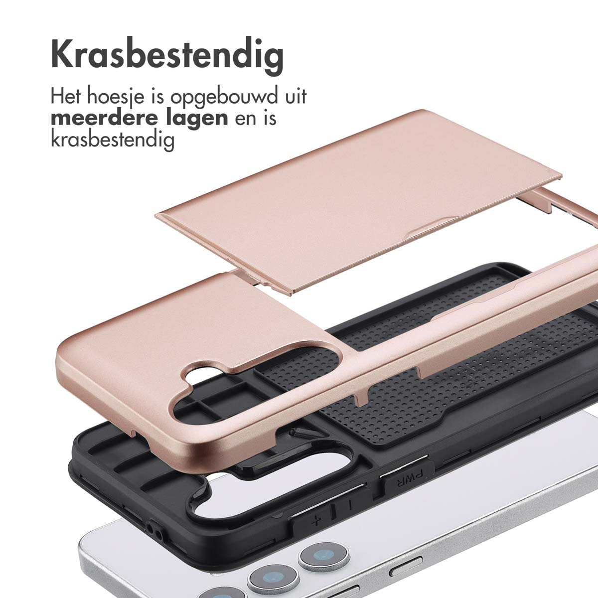 Een telefoonhoesje is geëxplodeerd om de verschillende lagen te laten zien. De hoes is roze en de telefoon is zilver.