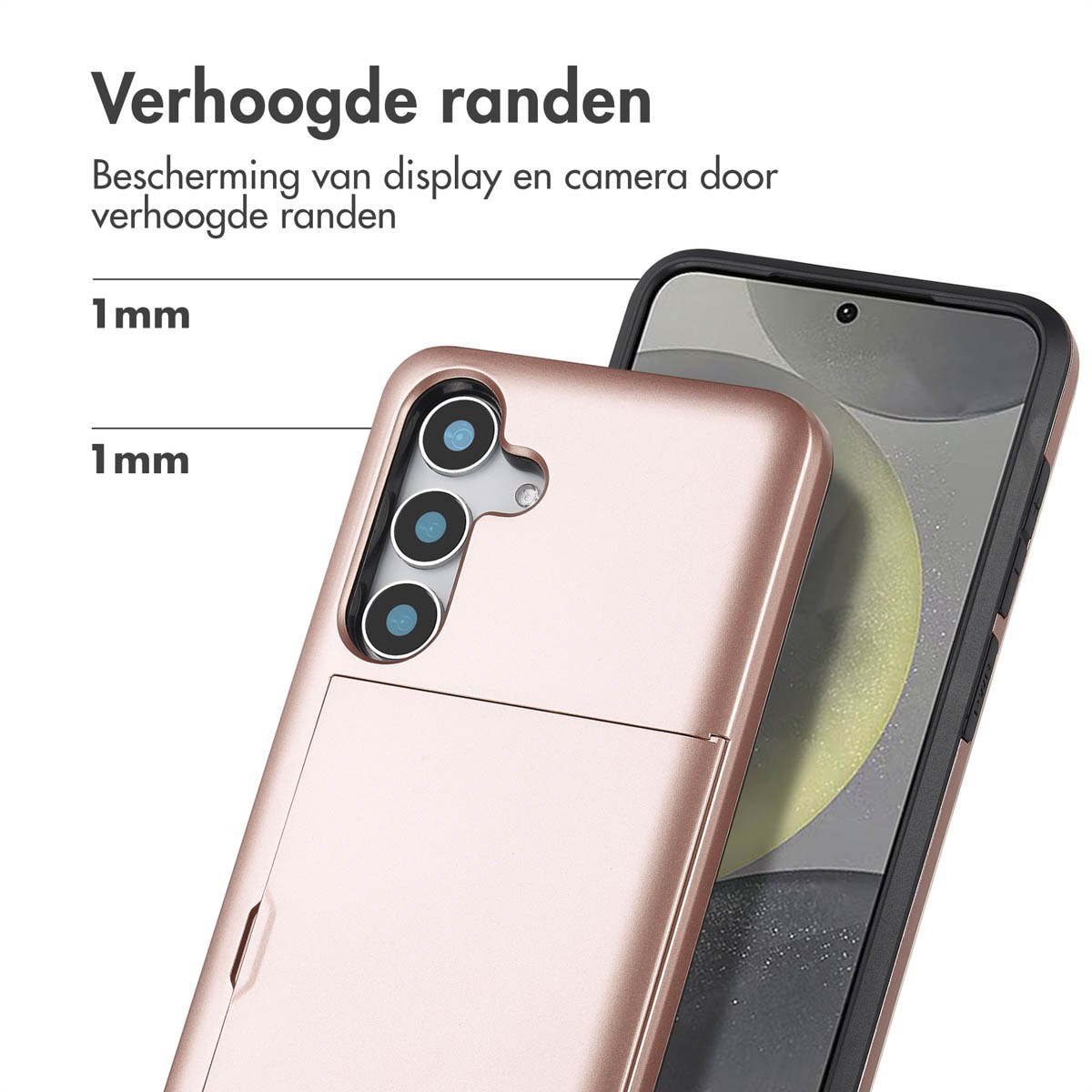 Twee telefoons. Eén telefoon heeft een roze hoesje, en de andere telefoon is zwart. Het roze hoesje heeft een sleuf aan de achterkant.