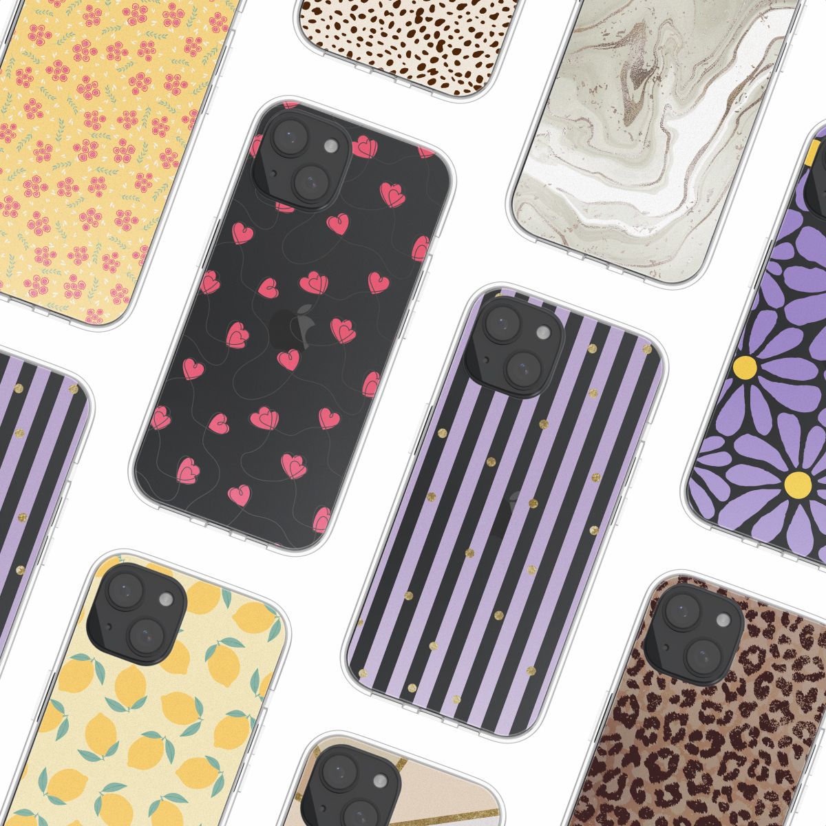 Een verzameling telefoonhoesjes met kleurrijke patronen, waaronder bloemen, citroenen, harten en luipaardprint.