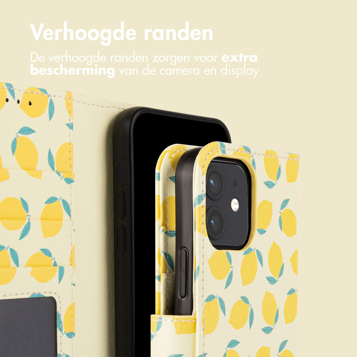 Telefoonhoesje met citroenpatroon. Telefoon binnenin. Gele en zwarte kleuren.