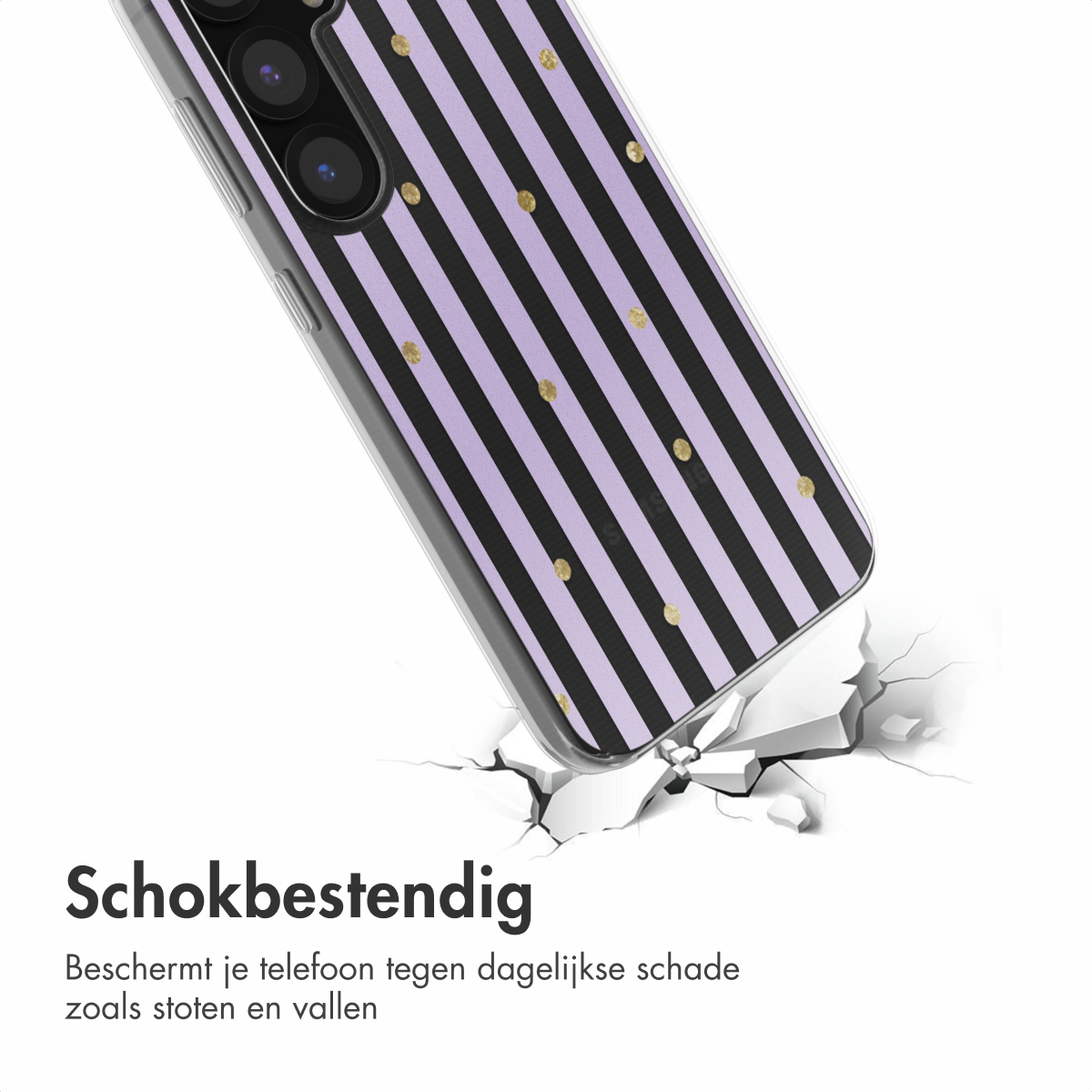 Téléphone dans un étui transparent avec des rayures noires et violettes et des points dorés.