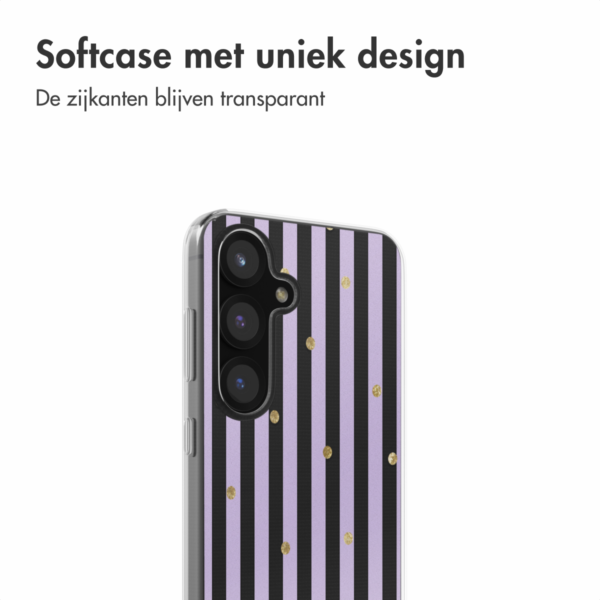 Coque de téléphone à rayures noires et lavande et pois dorés.