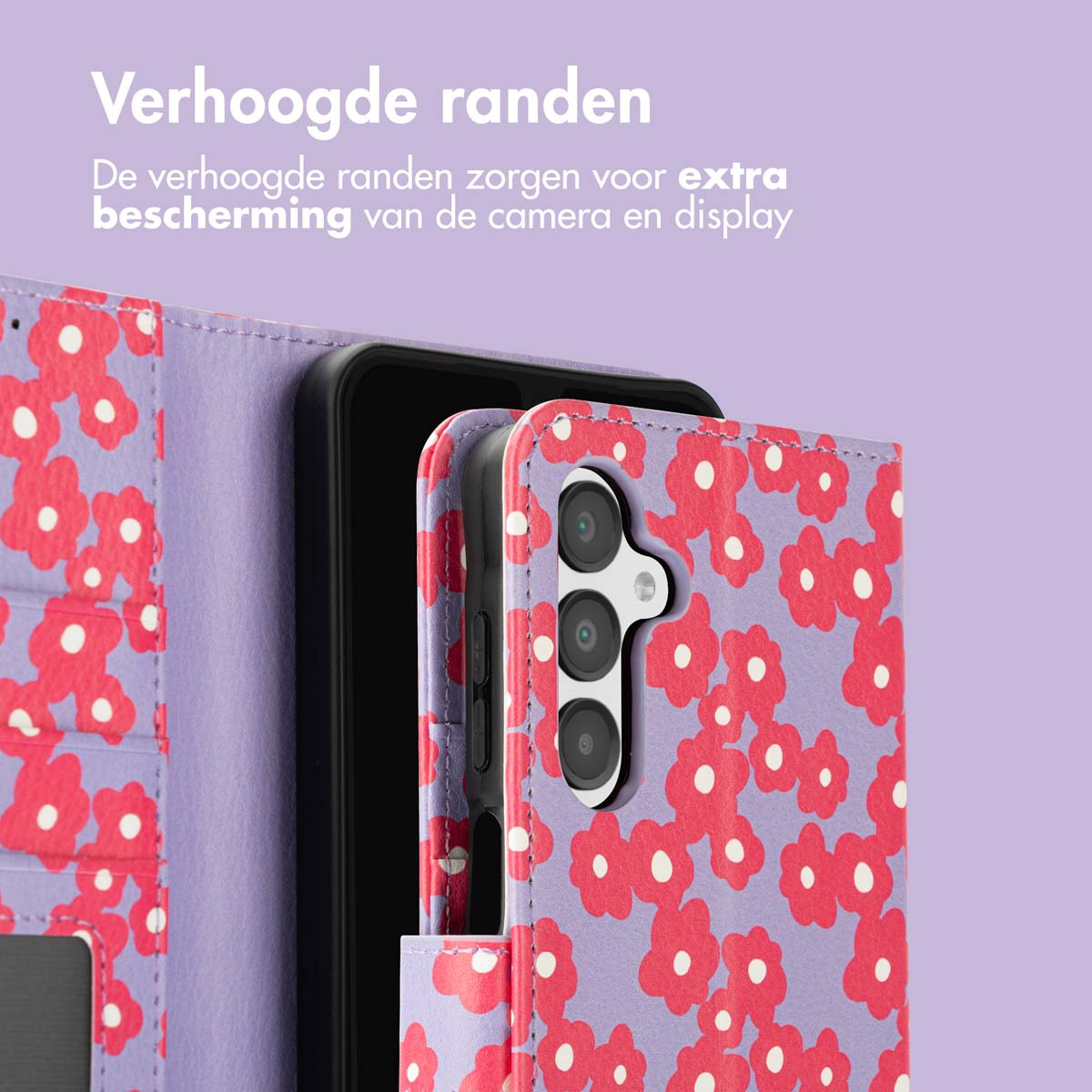Téléphone dans un étui violet avec des fleurs rouges. Le texte dit 'Bords surélevés'.