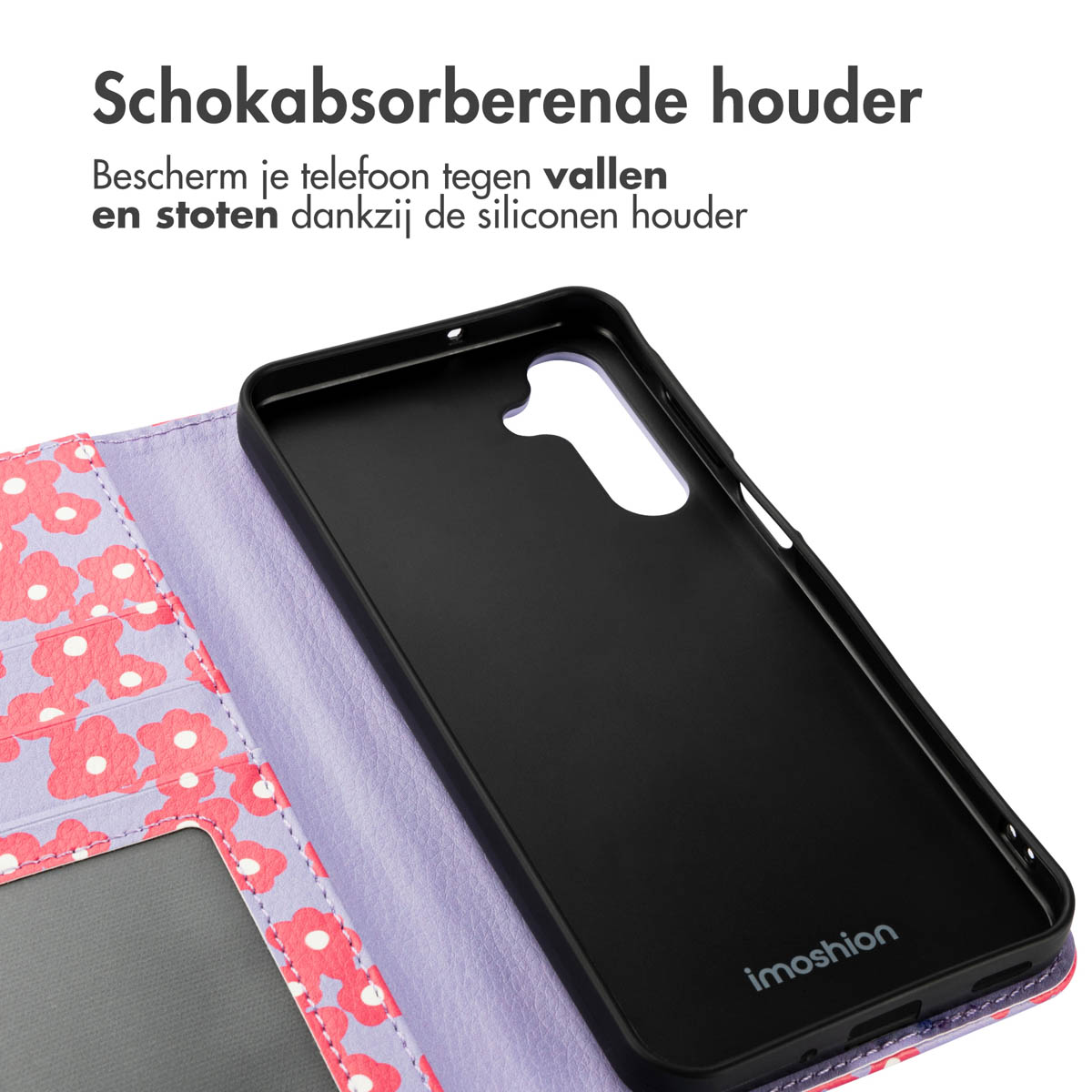Un étui de téléphone ouvert avec un intérieur noir et un extérieur floral rose, pour la protection du téléphone.