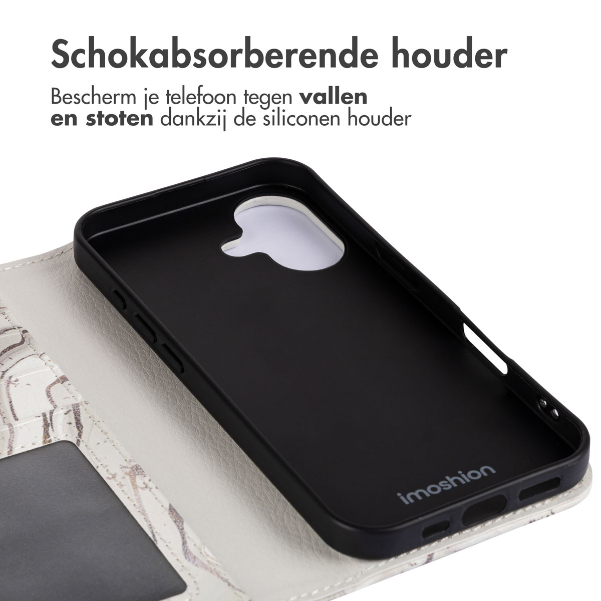 Étui de téléphone ouvert, avec un intérieur noir et un extérieur à motifs, mettant en valeur la marque Imoshion.