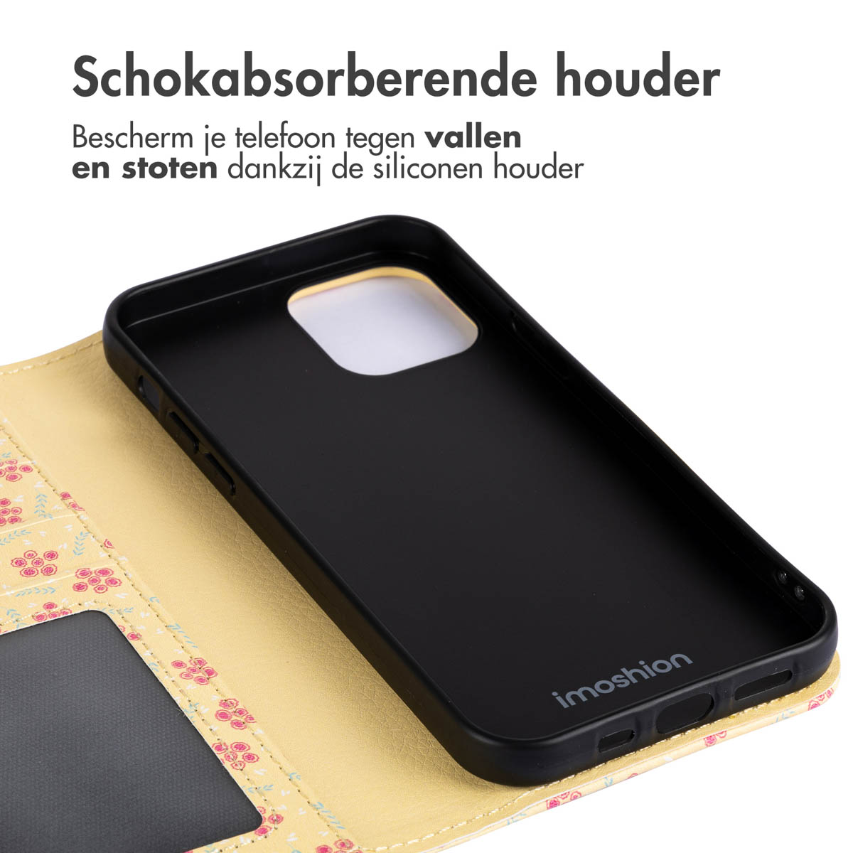 Een telefoonhoesje met een kaarthouder, met kaarten erin. Kaarten zijn onder meer bankpassen en Visa-kaarten.