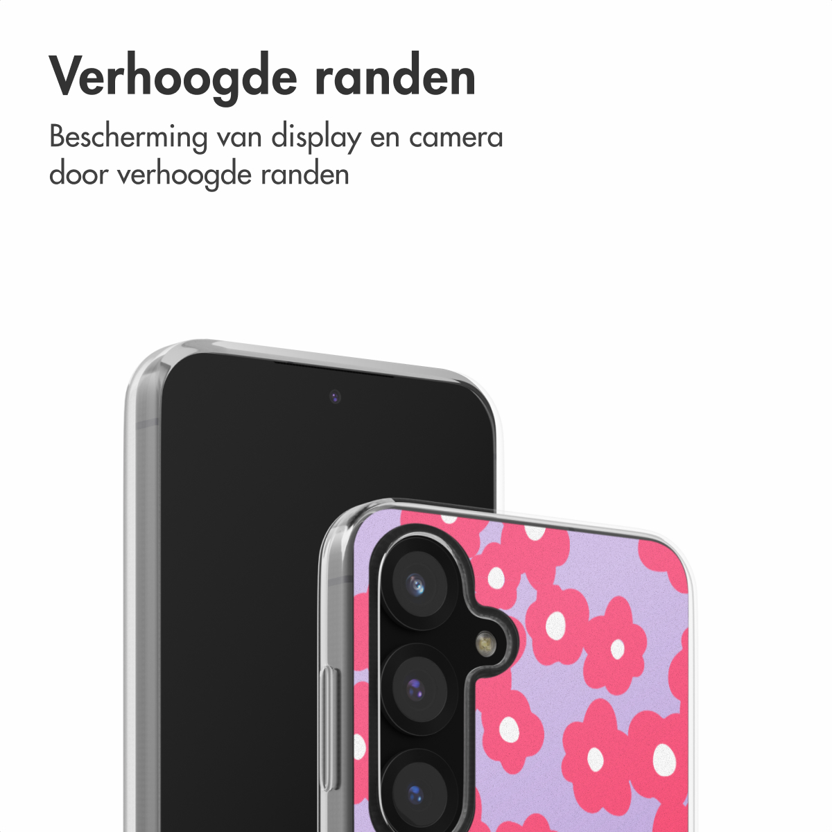 Een telefoon met een bloemenhoesje, rode en witte bloemen op een paarse achtergrond.