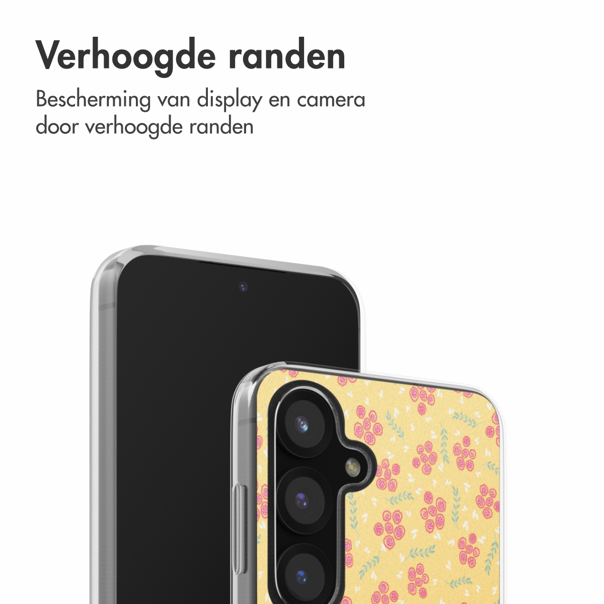 Telefoon met een bloemenhoesje. De hoes heeft roze bloemen en groene bladeren. De telefoon is zwart.
