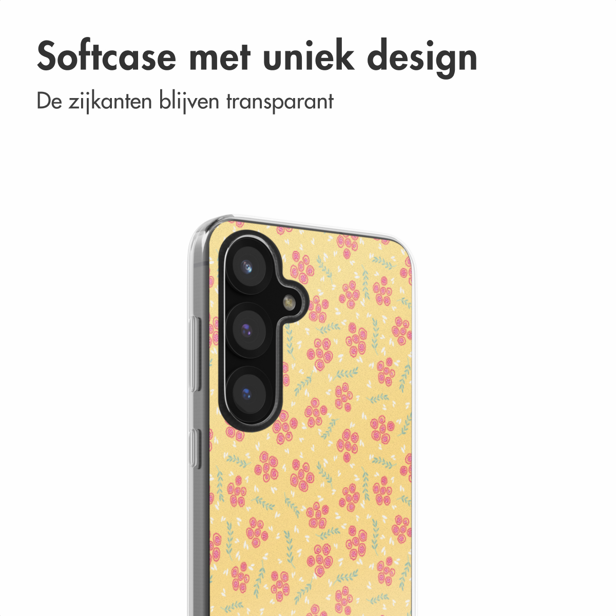 Een geel telefoonhoesje met een roze bloemen- en groene bladerenontwerp. De hoes heeft een camera-uitsparing.
