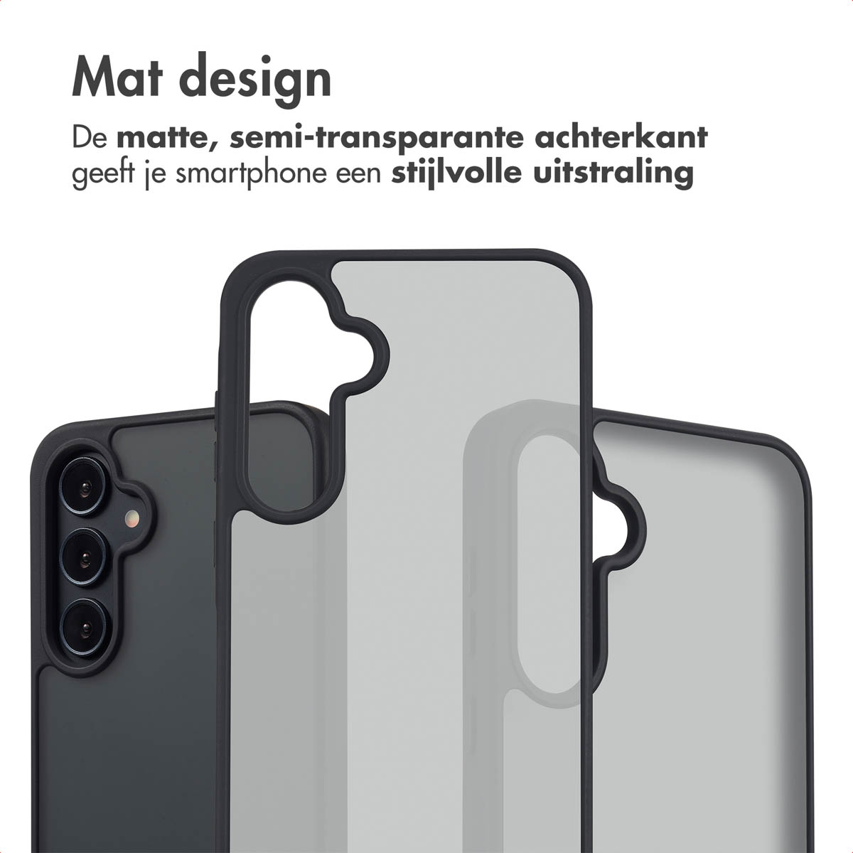 Drie telefoonhoesjes, een zwarte, een grijze en een transparante. De transparante hoes is half zichtbaar.