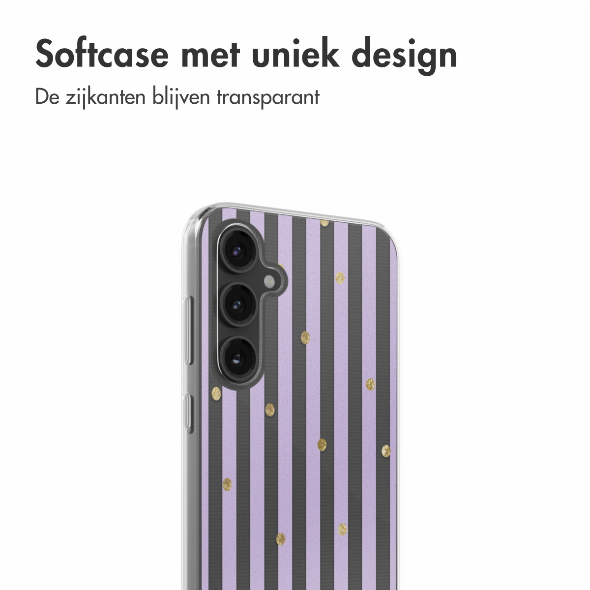 Transparant telefoonhoesje met paarse strepen en gouden stippen. Het telefoonhoesje staat op een witte achtergrond.