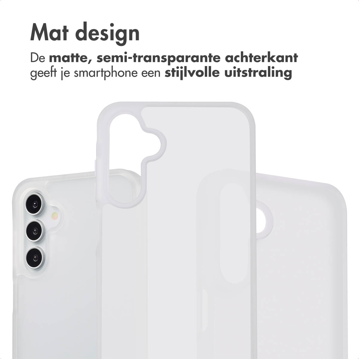 Coque de téléphone blanche avec un téléphone. La coque est semi-transparente. Fond blanc sans autres objets.