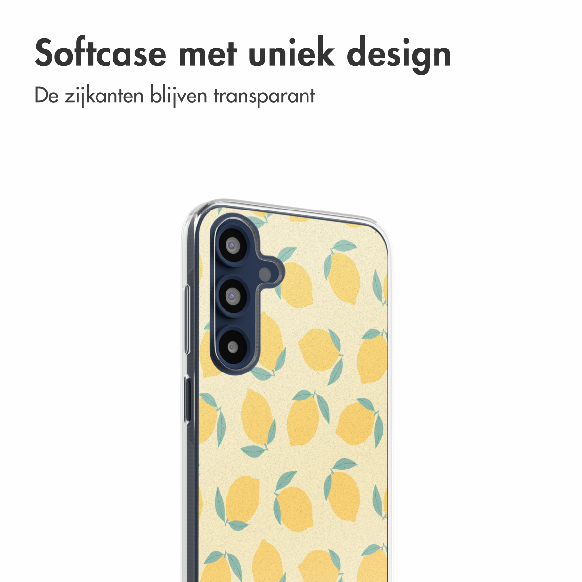 Telefoonhoesje met gele achtergrond en citroenpatroon.