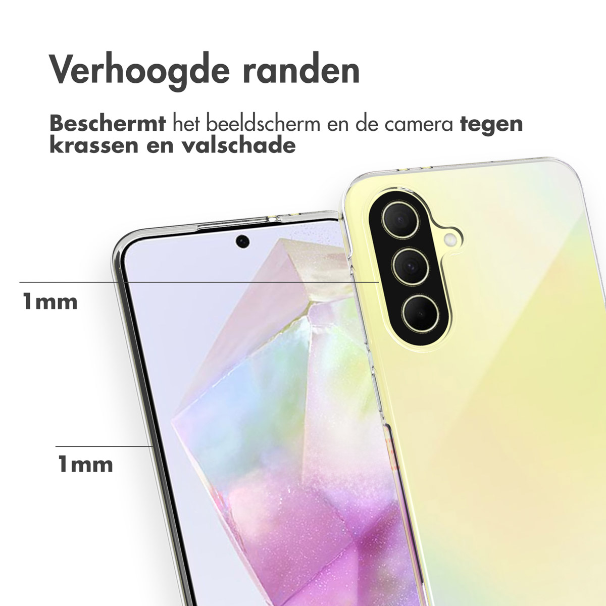 Telefon in einer transparenten Hülle. Nahaufnahme des Telefons. Text: 'Verhoogde randen'.