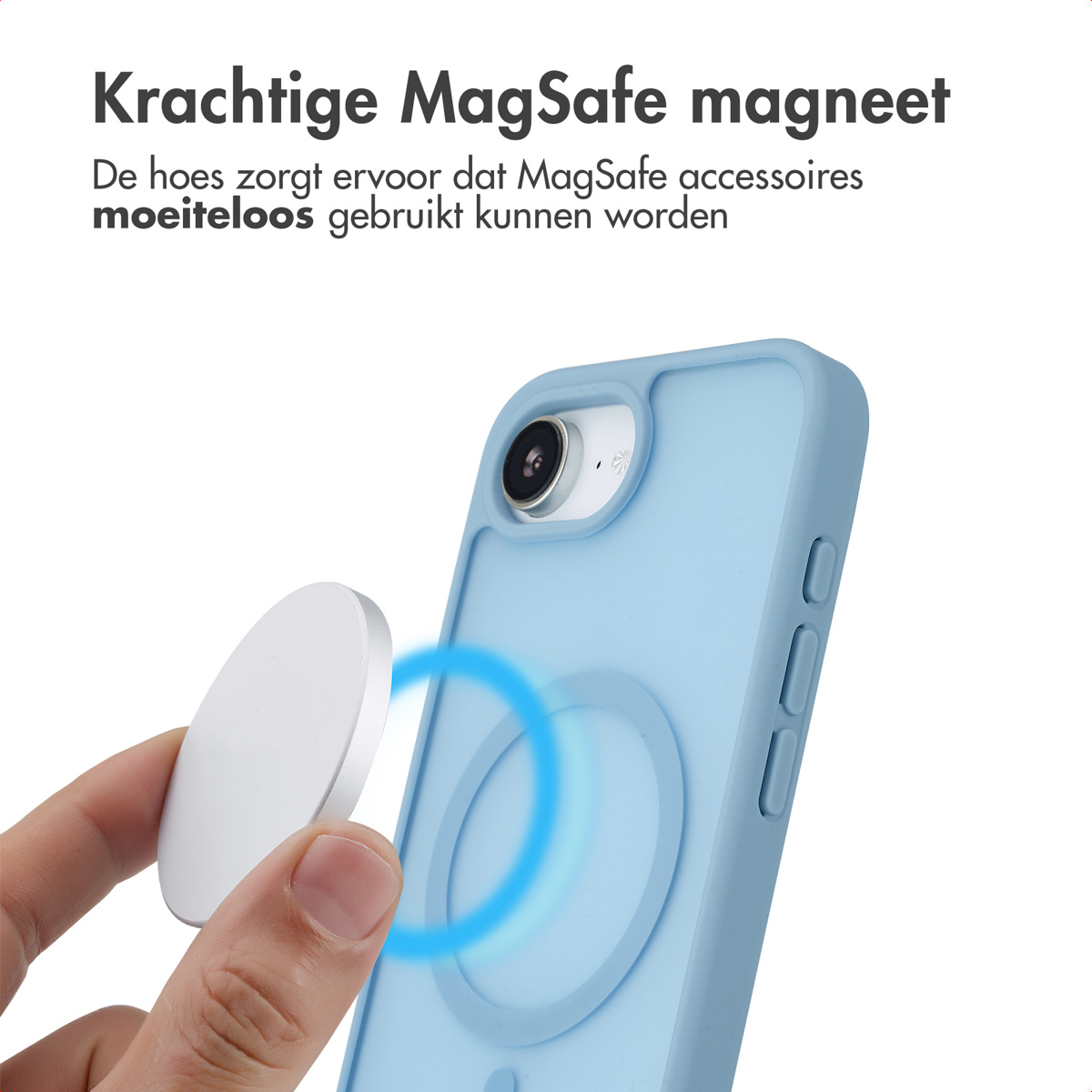 Light blue phone case with a MagSafe and a hand.