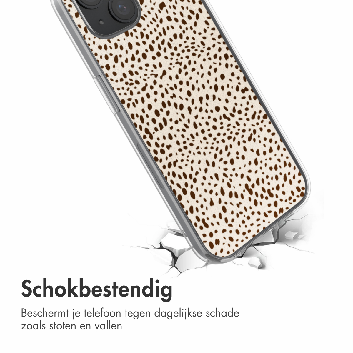 Telefoonhoesje op wit oppervlak. Bruin en beige patroon, licht gebarsten.