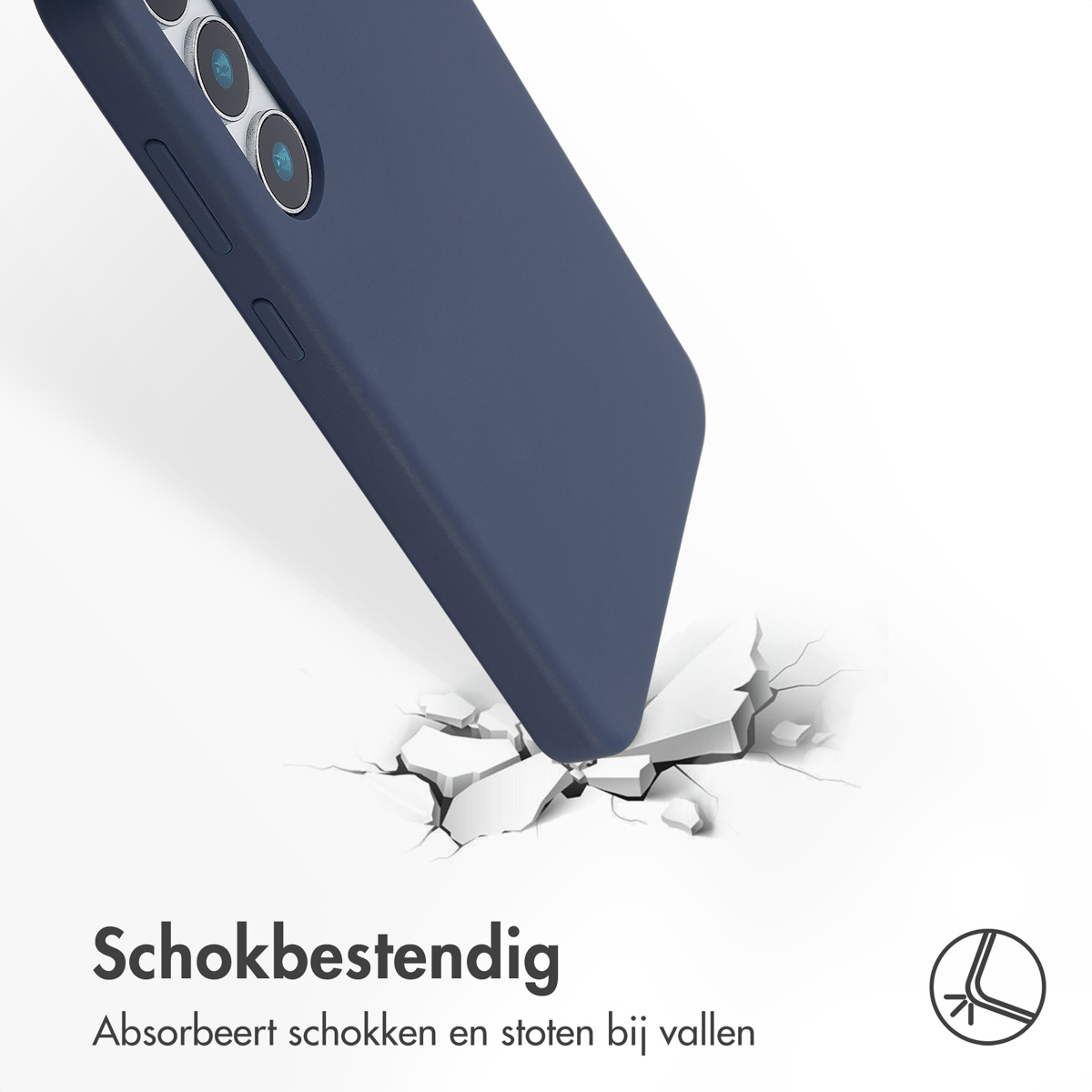 Une coque de téléphone bleue tombe et brise une surface blanche en morceaux.