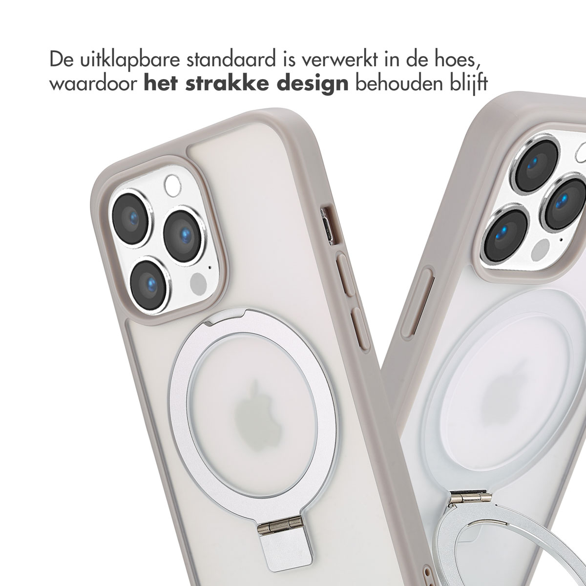 Deux coques de téléphone, une avec un anneau argenté, montrent la caméra du téléphone. Les coques sont grises et blanches.