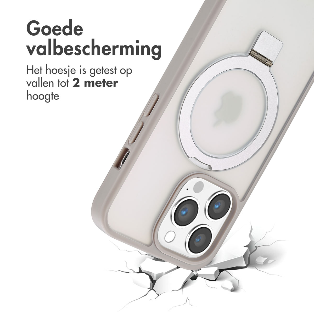 Coque de téléphone avec un support de bague et un téléphone à l'intérieur. La coque tombe sur une surface, avec des fissures.