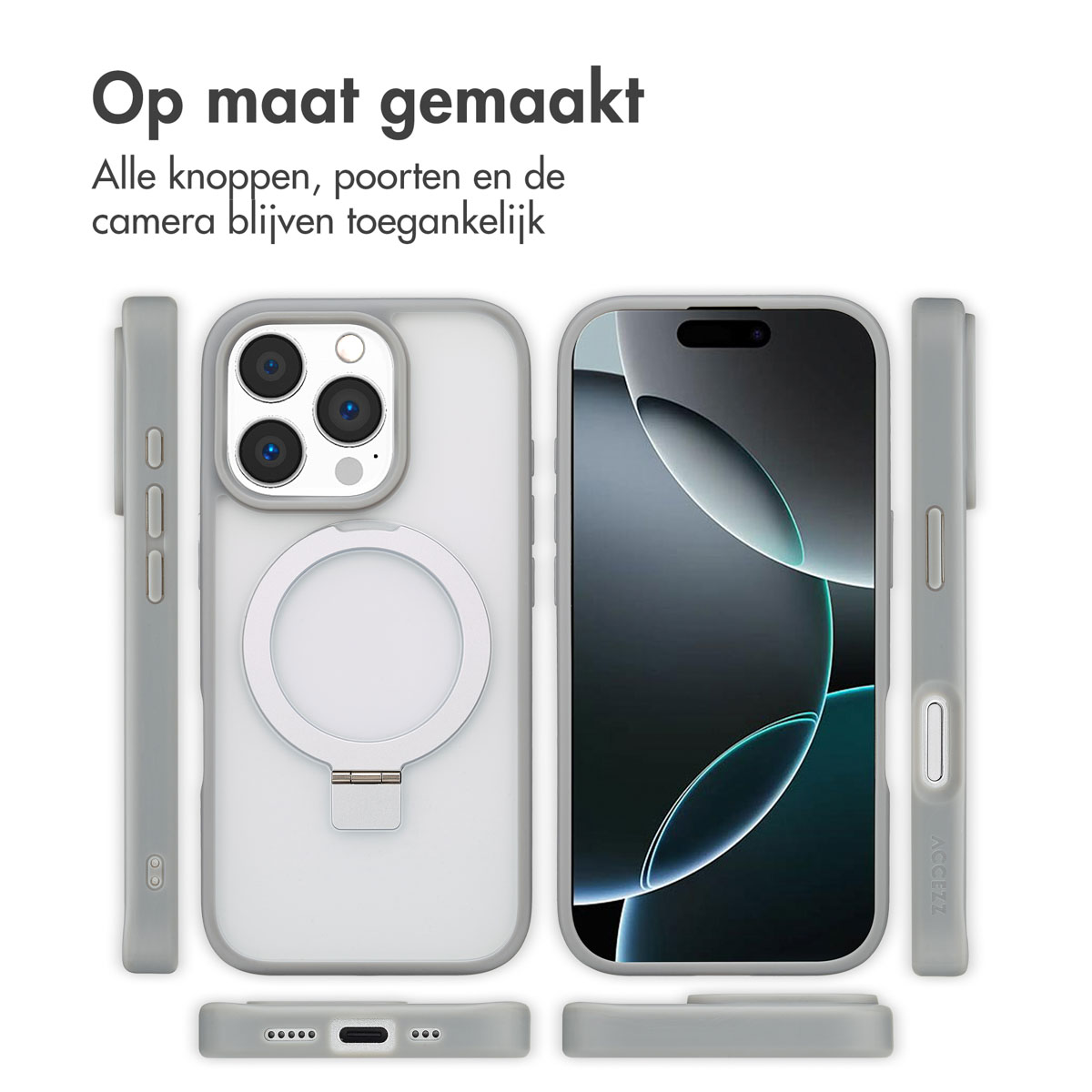 Coque de téléphone grise autour d'un téléphone. La coque montre les boutons, ports et caméra.