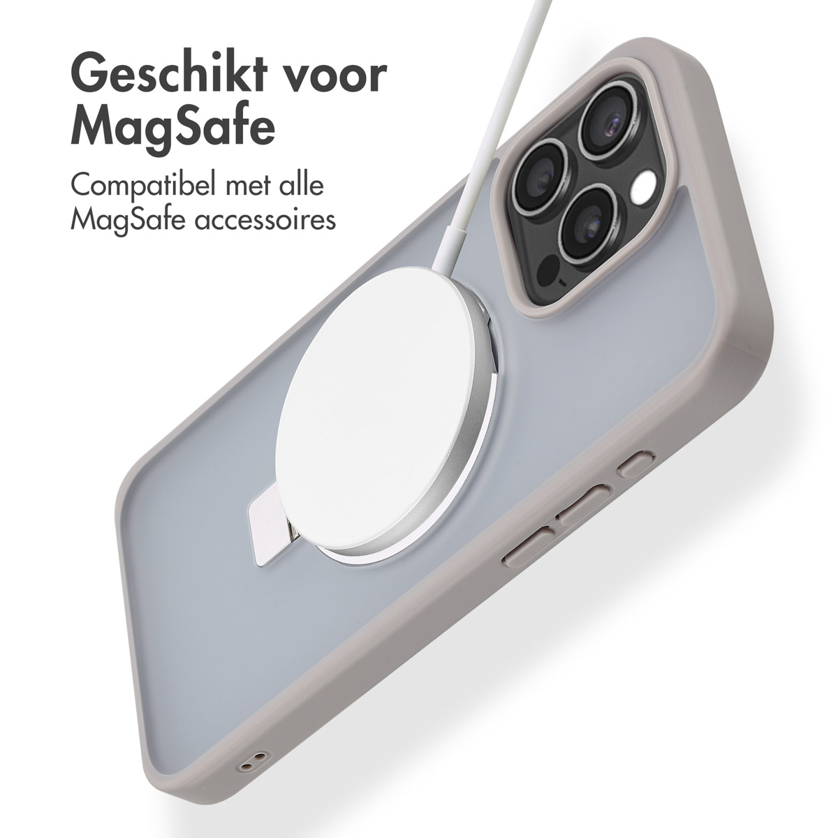 Graue Handyhülle mit weißem MagSafe-Ladegerät. Text: Kompatibel mit MagSafe-Zubehör.