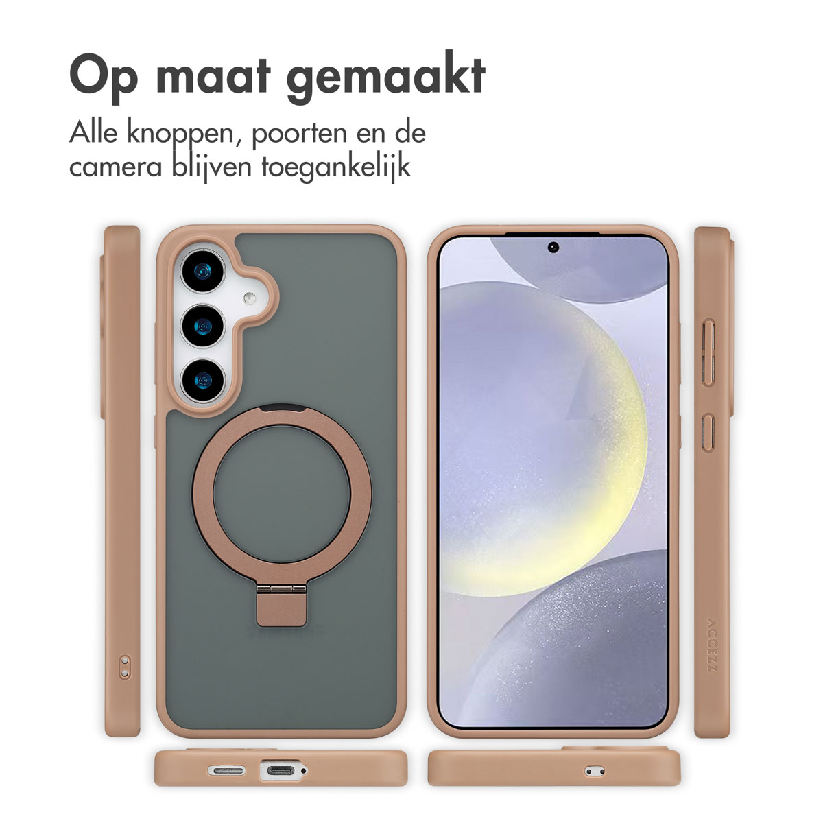 Coque de téléphone sous différents angles, avec un support d'anneau.