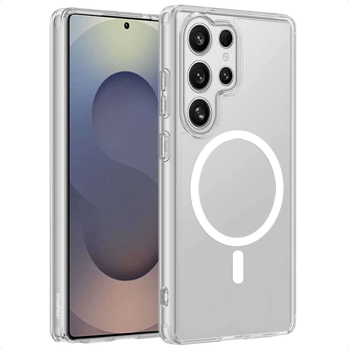 Una custodia trasparente con un anello magnetico bianco. La custodia è trasparente.