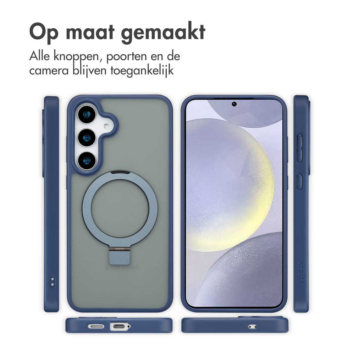Coque de téléphone bleue avec un support de bague. Le téléphone a un écran clair.