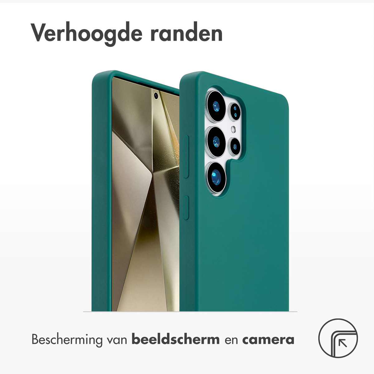 Blauwgroen telefoonhoesje met opstaande randen, beschermt scherm en camera. De telefoon tonen.