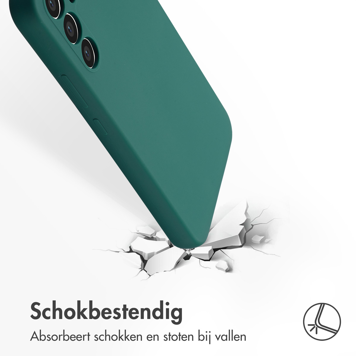 Een groene telefoonhoes valt en breekt een wit oppervlak in stukken.