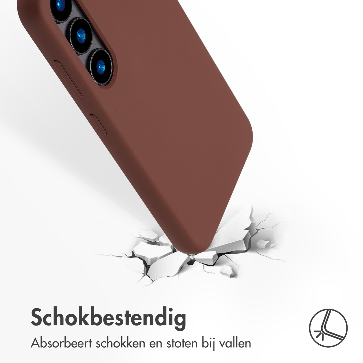 Une coque de téléphone marron impactant une surface, causant des fissures. L'impact montre l'absorption des chocs.