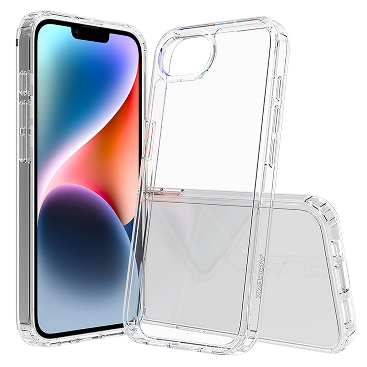 Des coques de téléphone transparentes protégeant un téléphone. Une coque est devant et l'autre derrière.