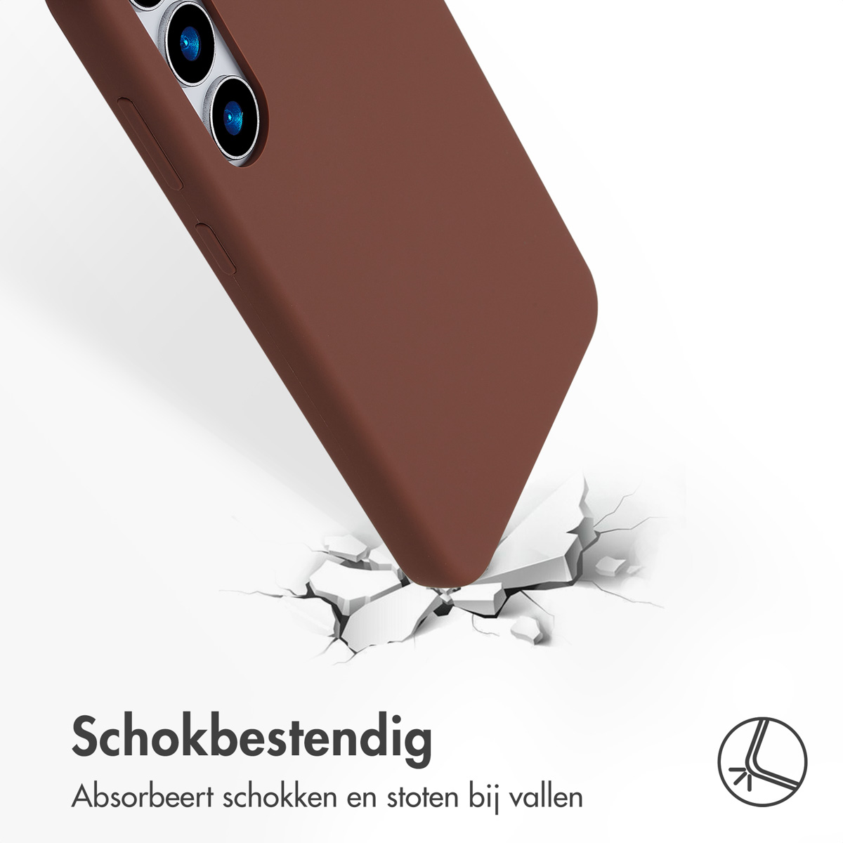 Coque de téléphone marron tombant et se cassant. Texte : 'Schokbestendig'.