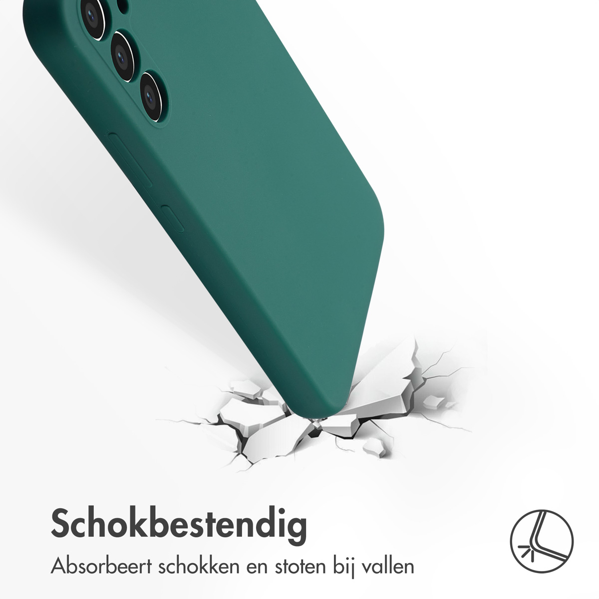 Groene telefoonhoes die op de grond inslaat, scheuren veroorzaakt. Schokbestendig, beschermt tegen vallen.