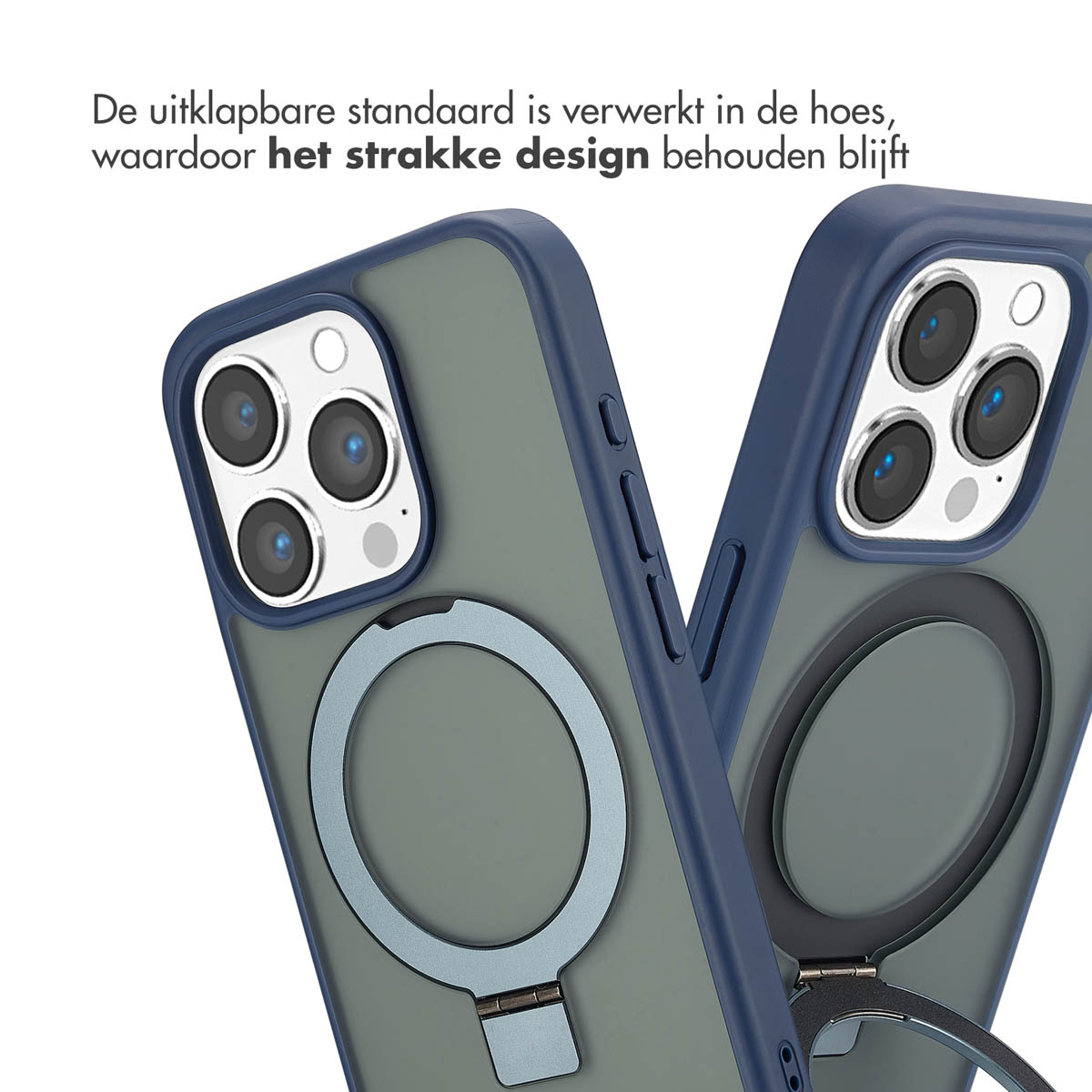 Twee telefoons in hoesjes met een ringstandaard. De hoesjes zijn blauw en groen. De standaards zijn zilver.