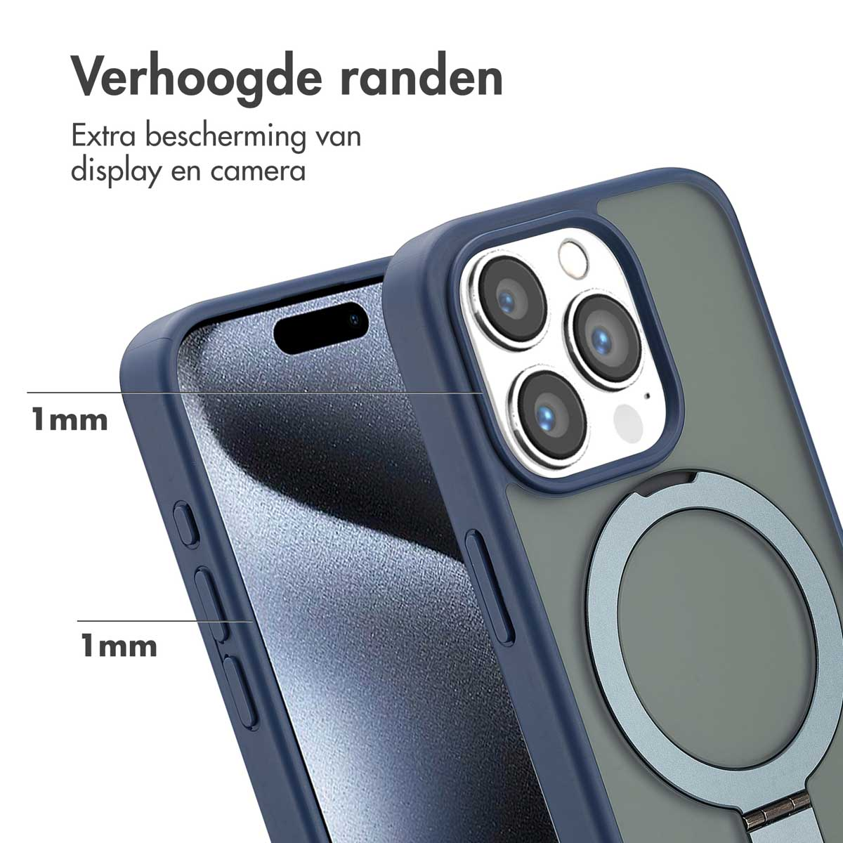 Een telefoon in een blauwe hoes met een ringhouder. De hoes toont 1 mm metingen aan de zijkant.