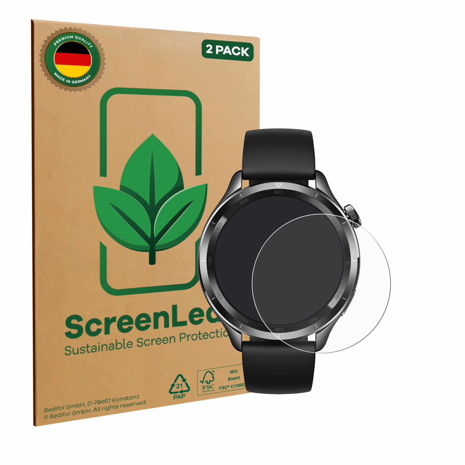 ScreenLed Displayschutzfolienpackung mit Smartwatch und klarer Schutzfolie auf dem Bildschirm.