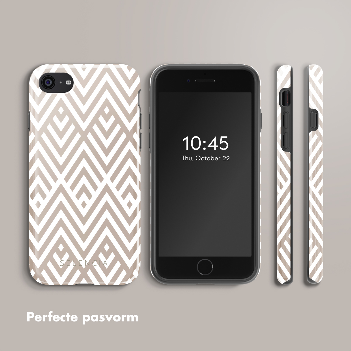 Telefoon en bijpassende hoesjes. Telefoon toont tijd. Hoesje heeft geometrisch patroon.