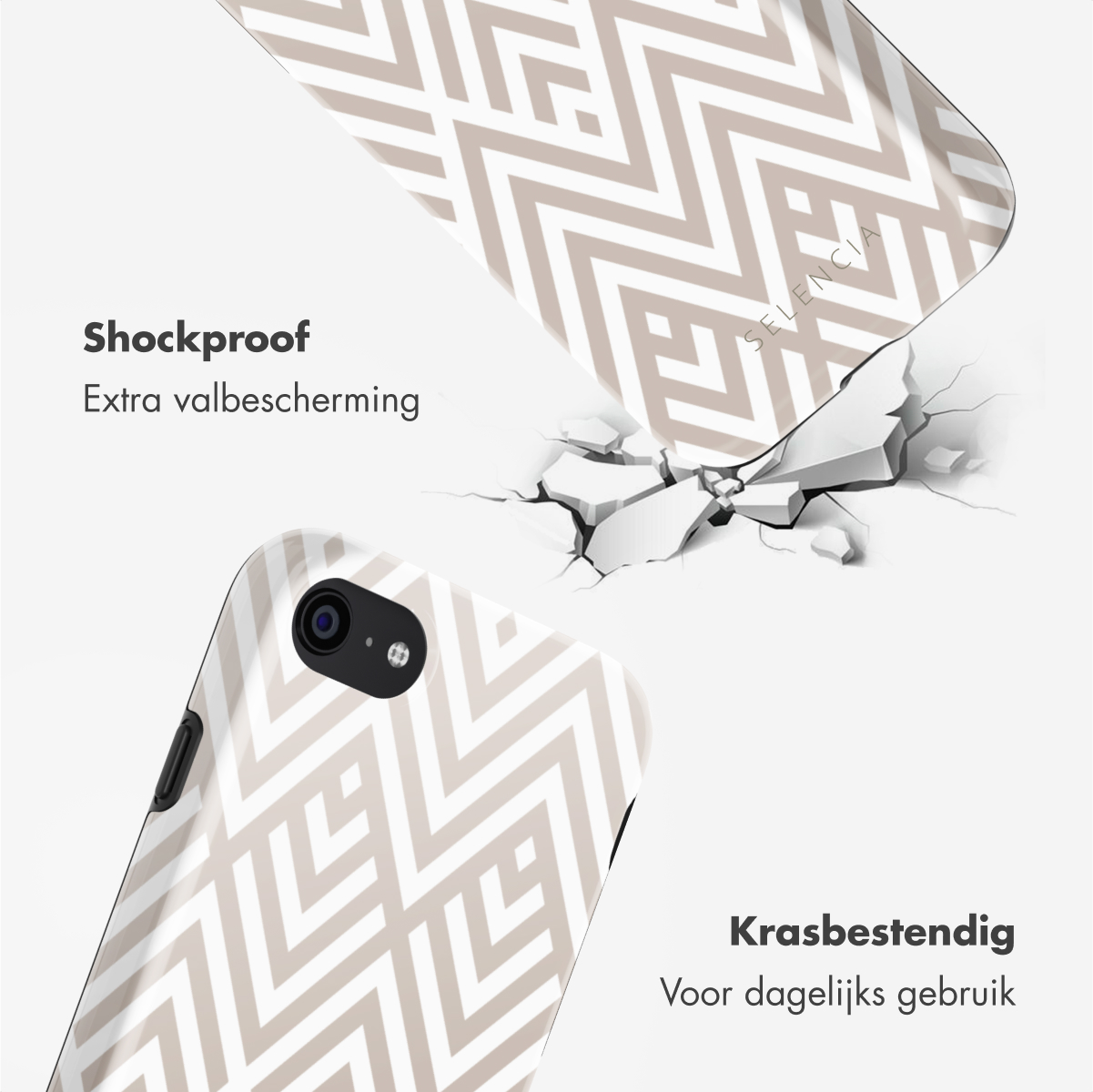Telefoonhoesje met geometrisch patroon, gebarsten oppervlakte-effect. Merknaam zichtbaar.