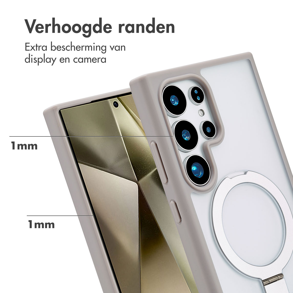 Eine Handyhülle mit Ring, weiß, um die Kamera und ein grauer Rahmen.