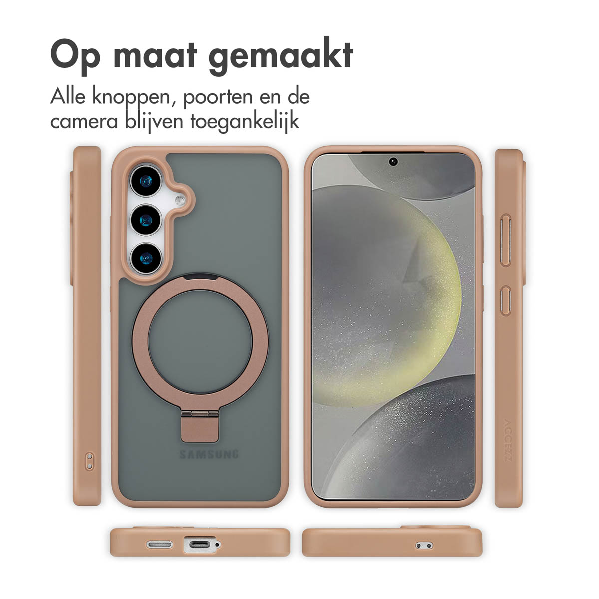 Coque de téléphone, différents angles. Dos transparent, cadre beige, support d'anneau. Écran noir. Pièces de coque beige.
