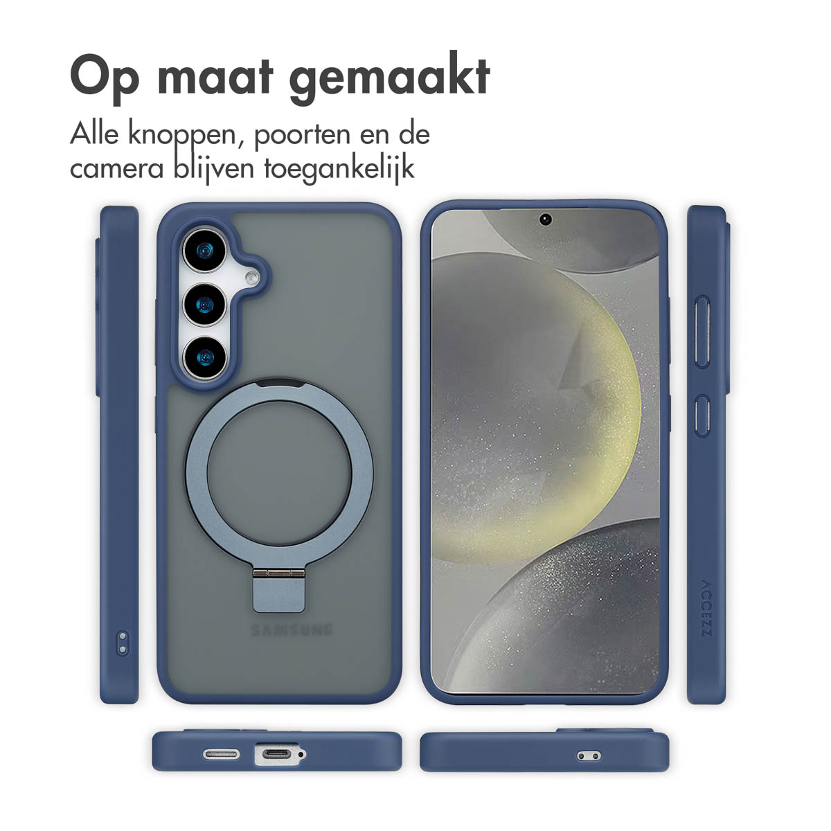 Blauwe telefoonhoes met een doorzichtige grijze achterkant. Met ringhouder en bedekt de knoppen.