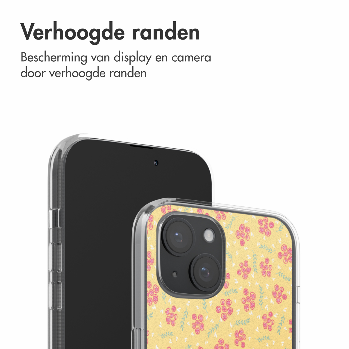 Telefoonhoesje met een bloemenontwerp en een telefoon. Tekst: Verhoogde randen.