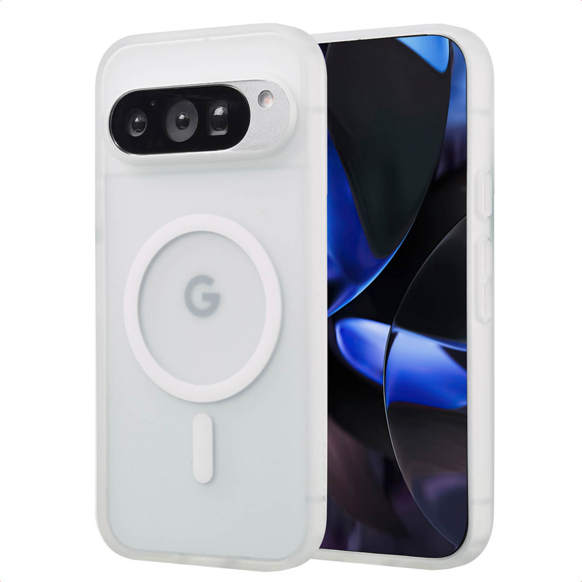 Wit telefoonhoesje met MagSafe en een telefoon.