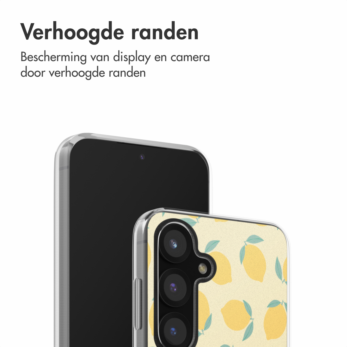 Telefoonhoesje met gele citroenen. Zwarte telefoon erachter. Tekst erboven.