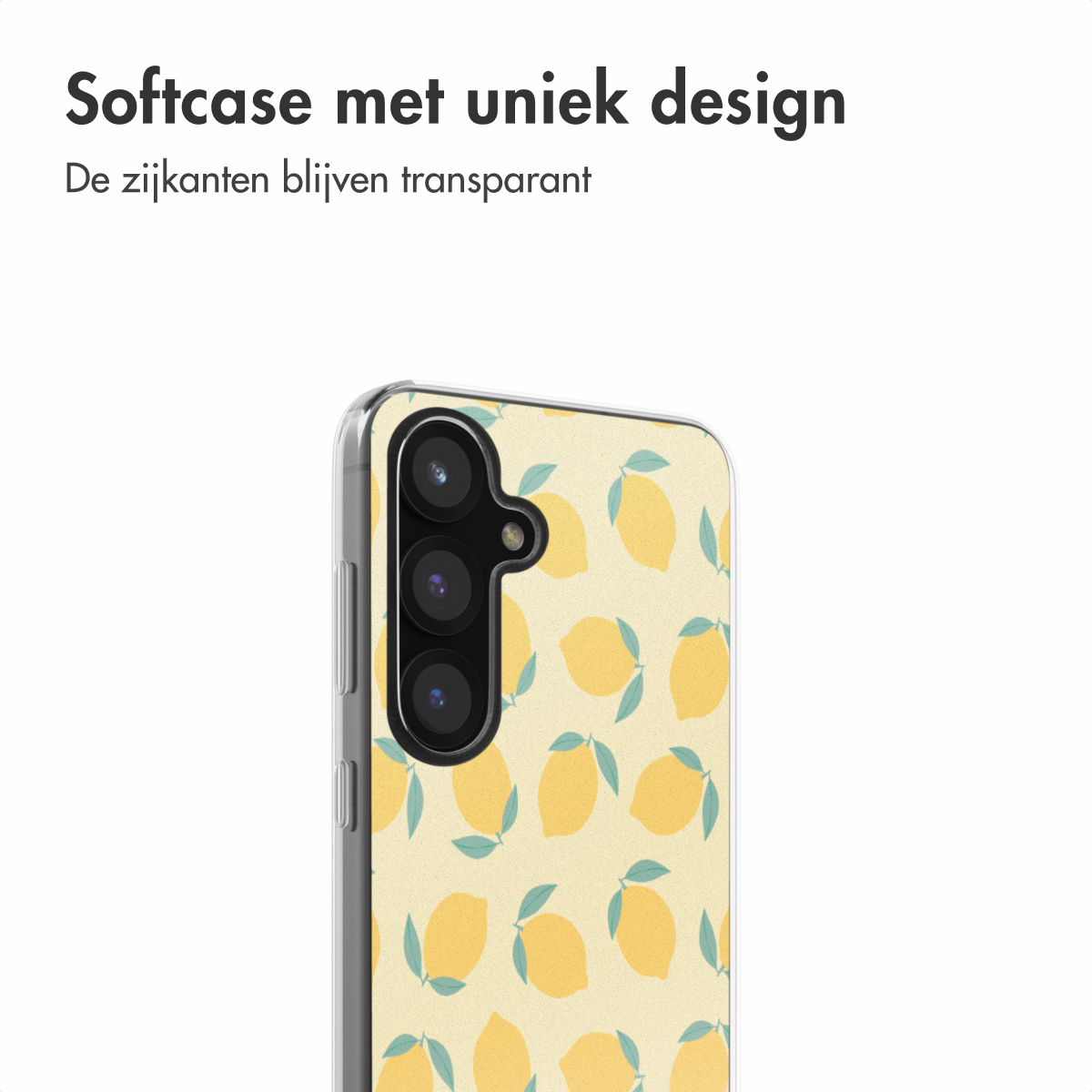 Telefoon in een gele hoes met citroenen. Tekst zegt 'Softcase met uniek design'.